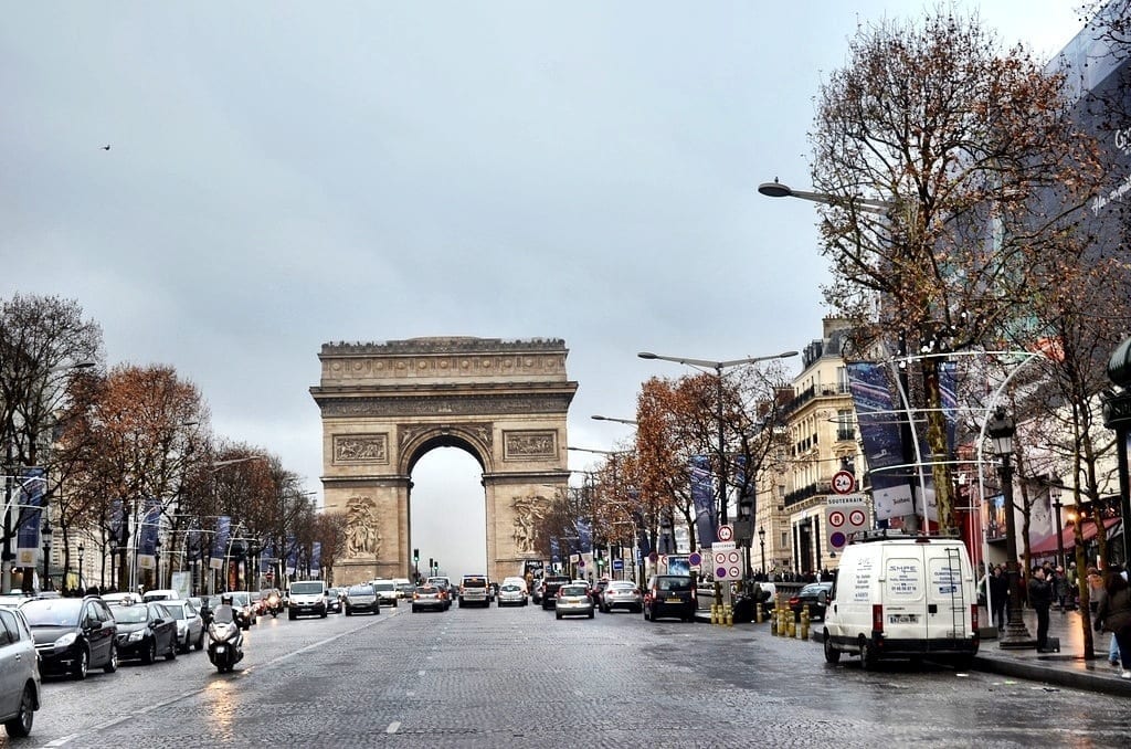 Arc de Triomphe and a busy Champs-Elysees in Paris