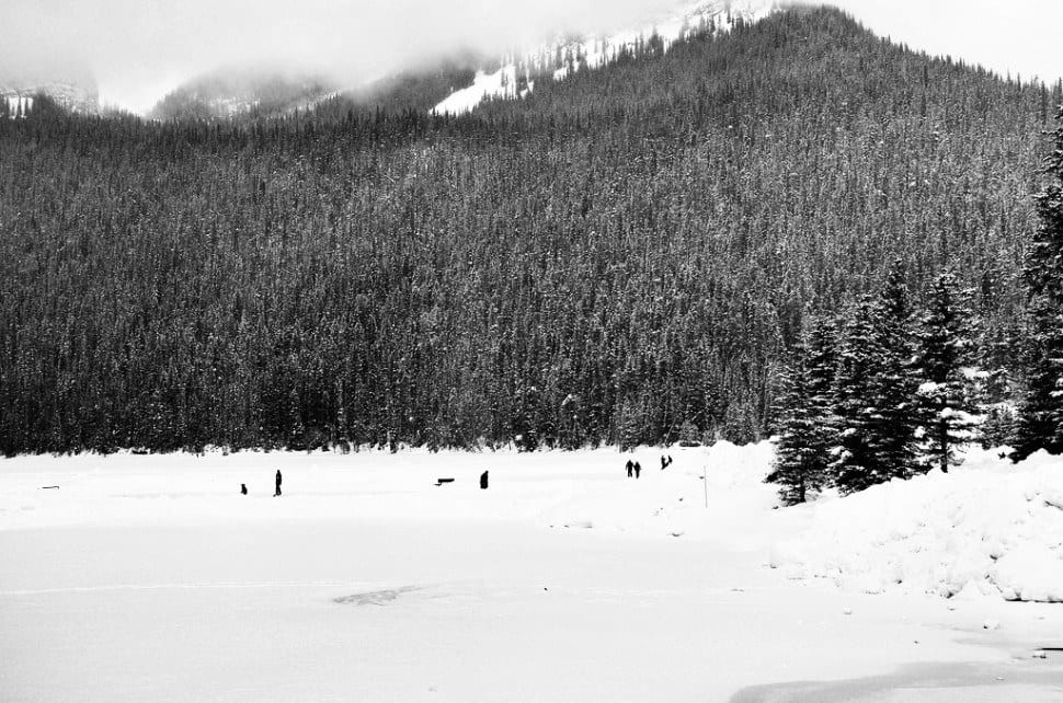 Hockey on Snowy Lake Louise, Alberta Canada